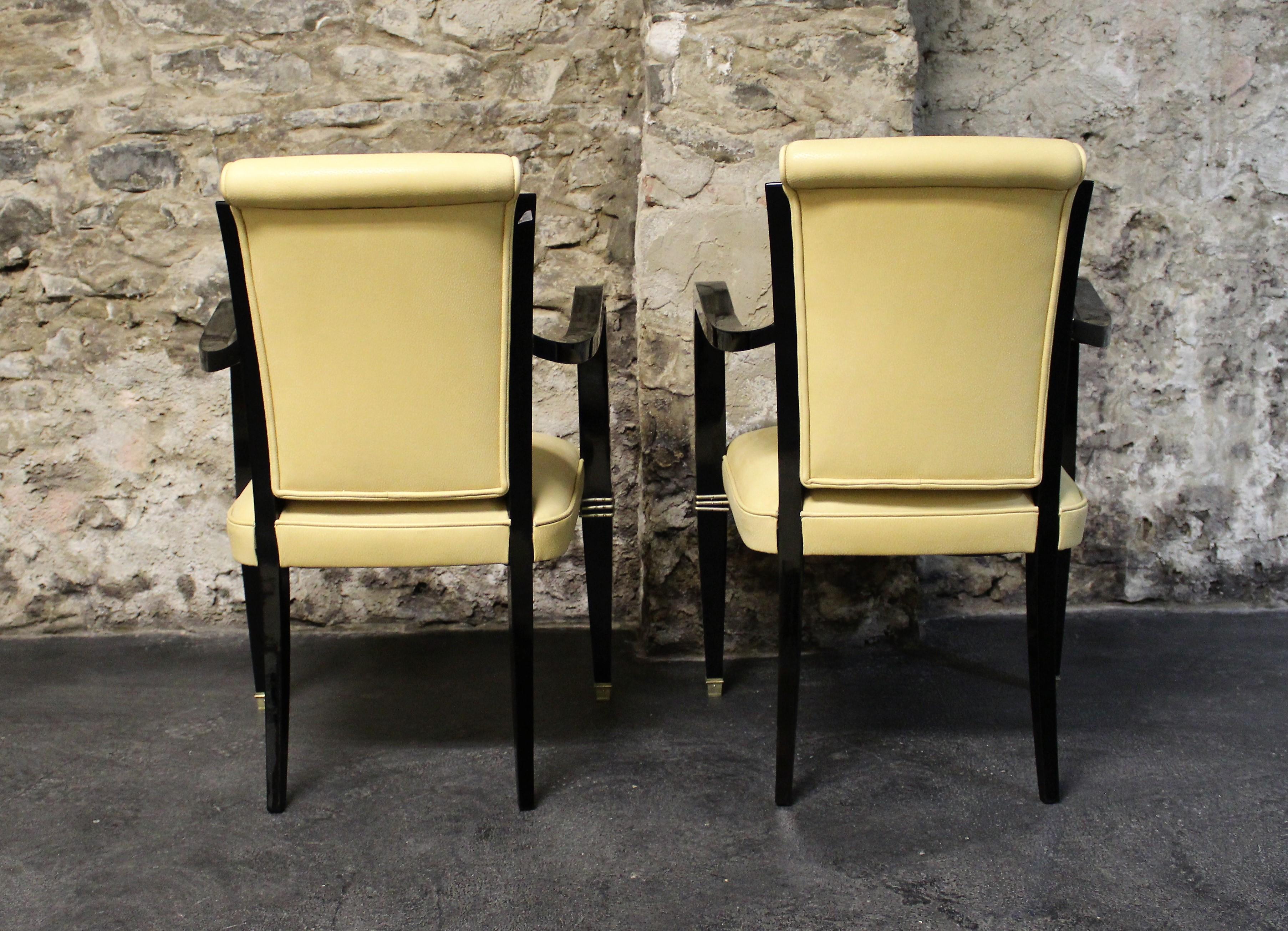 Pair of Art Deco Leather and Polished Ebonized Frame Armchairs For Sale 1