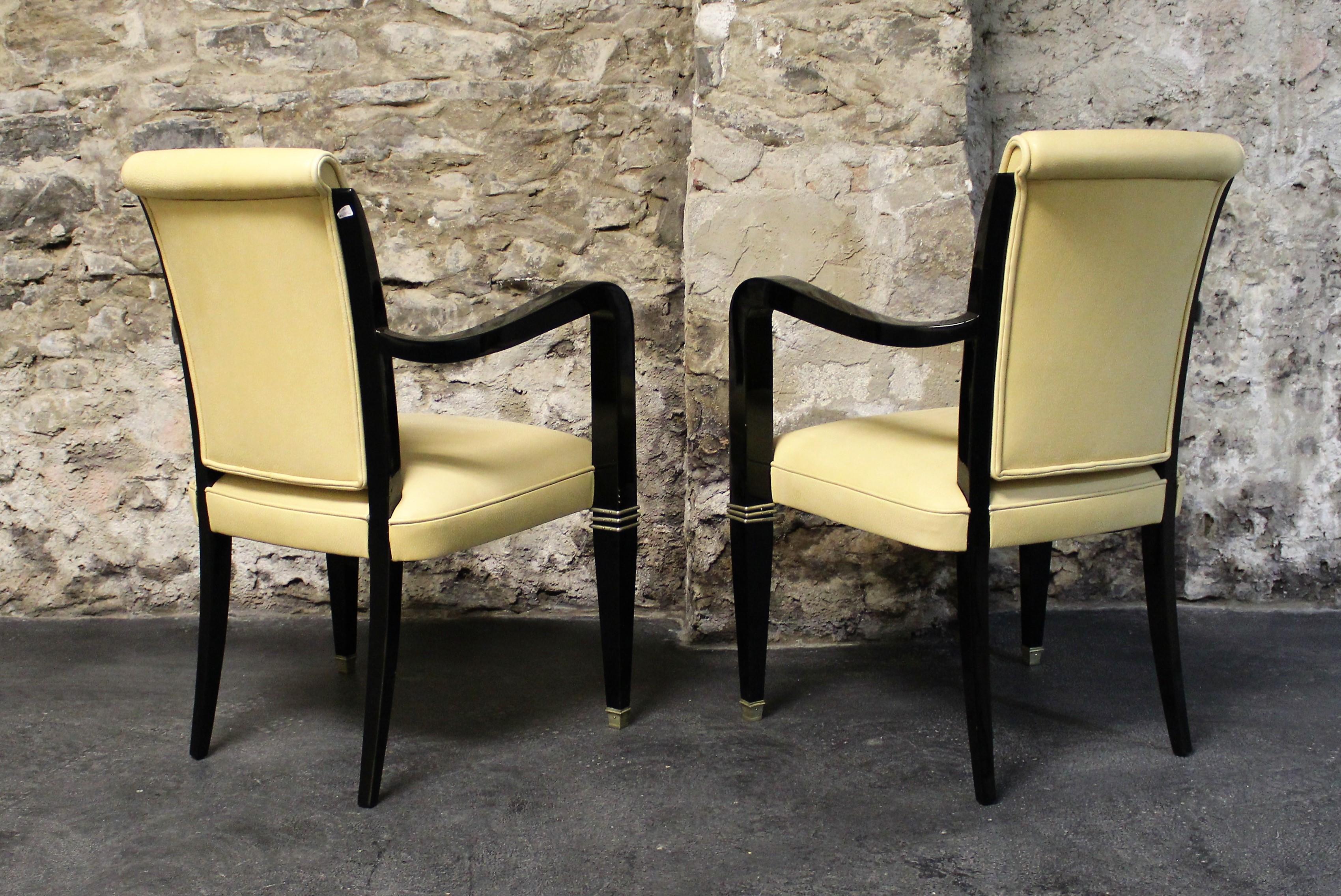 Pair of Art Deco Leather and Polished Ebonized Frame Armchairs For Sale 2