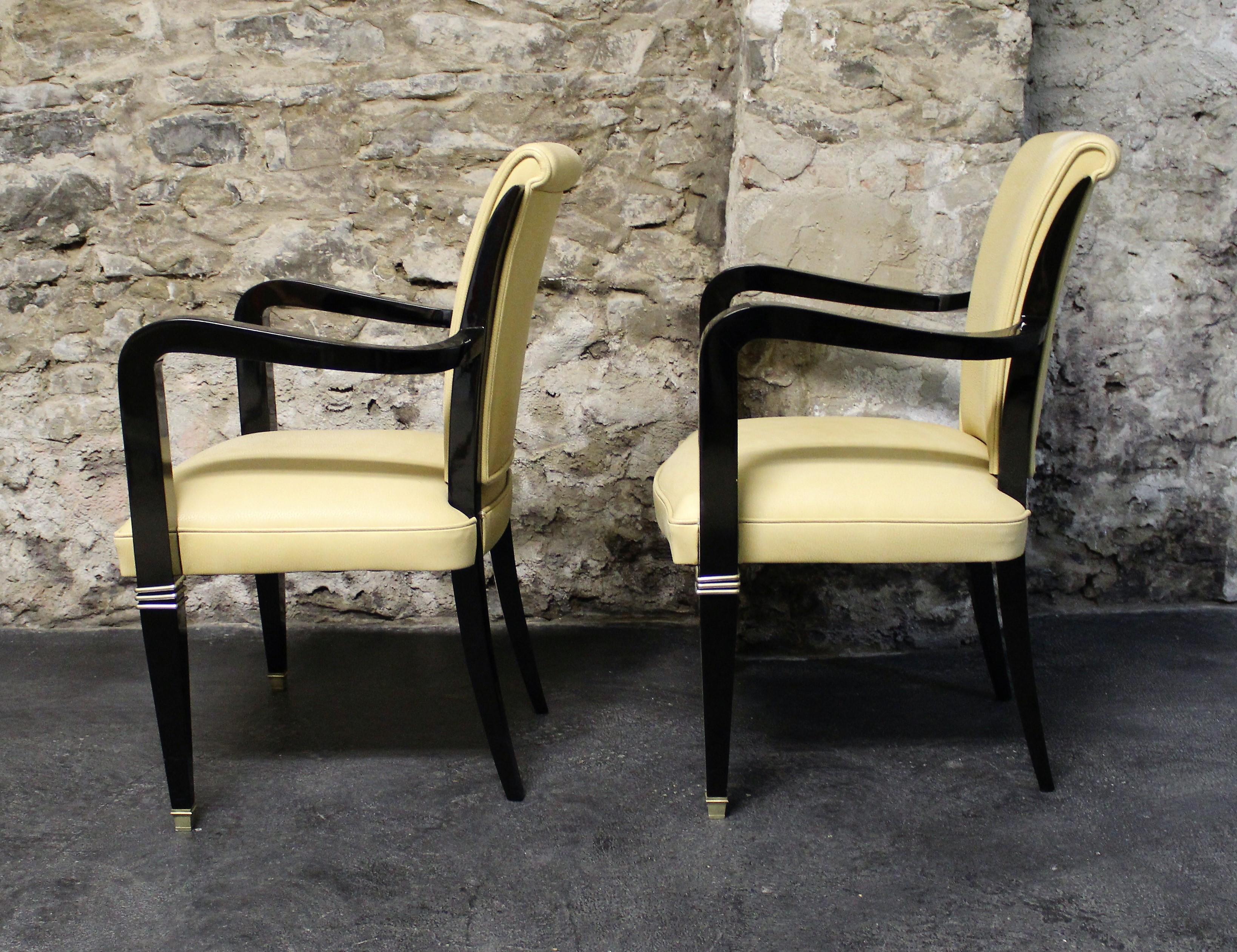 Pair of Art Deco Leather and Polished Ebonized Frame Armchairs For Sale 3