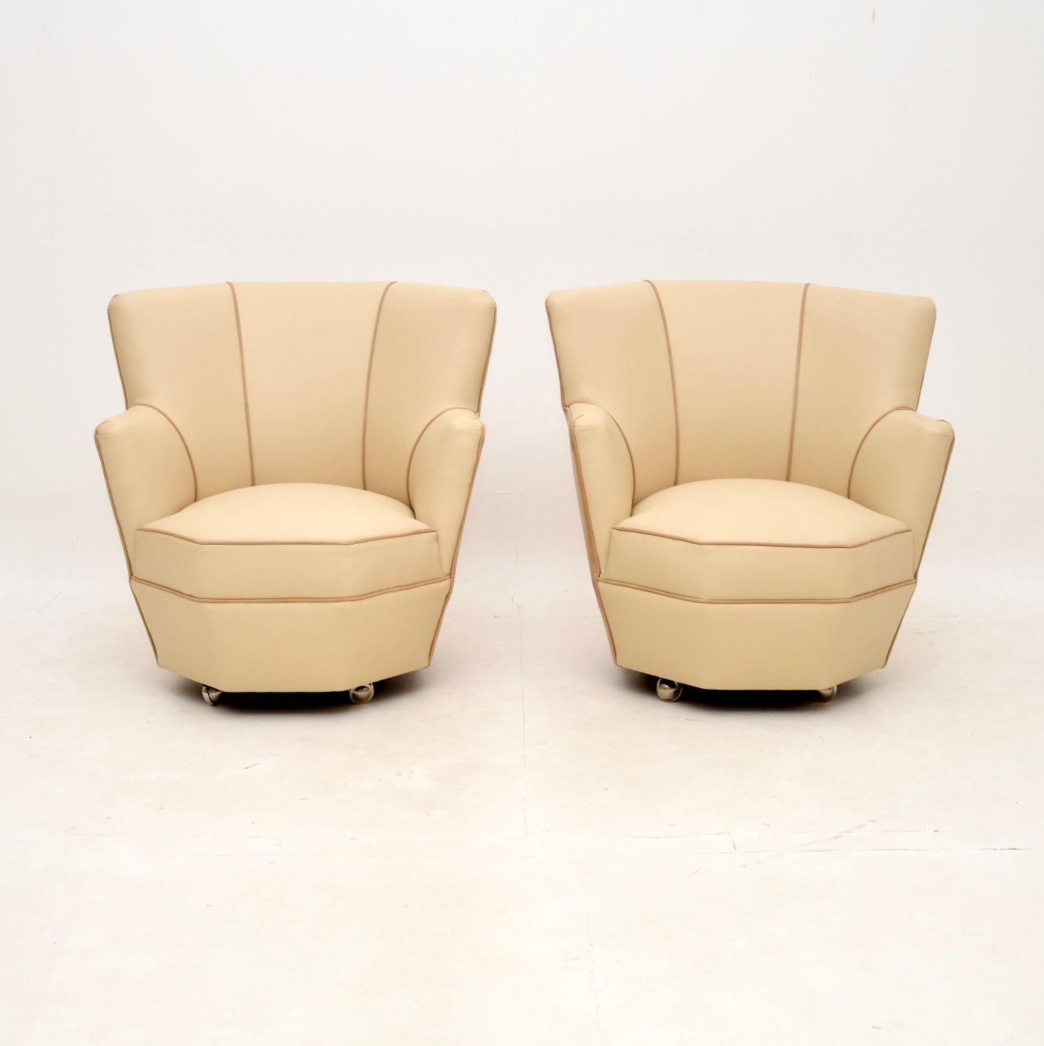 A stunning pair of Art Deco leather and suede cocktail armchairs. They were made in England, they date from the 1920-30’s.

They are of superb quality and are a lovely, petite size. They are perfect for cocktail lounge chairs and would also work