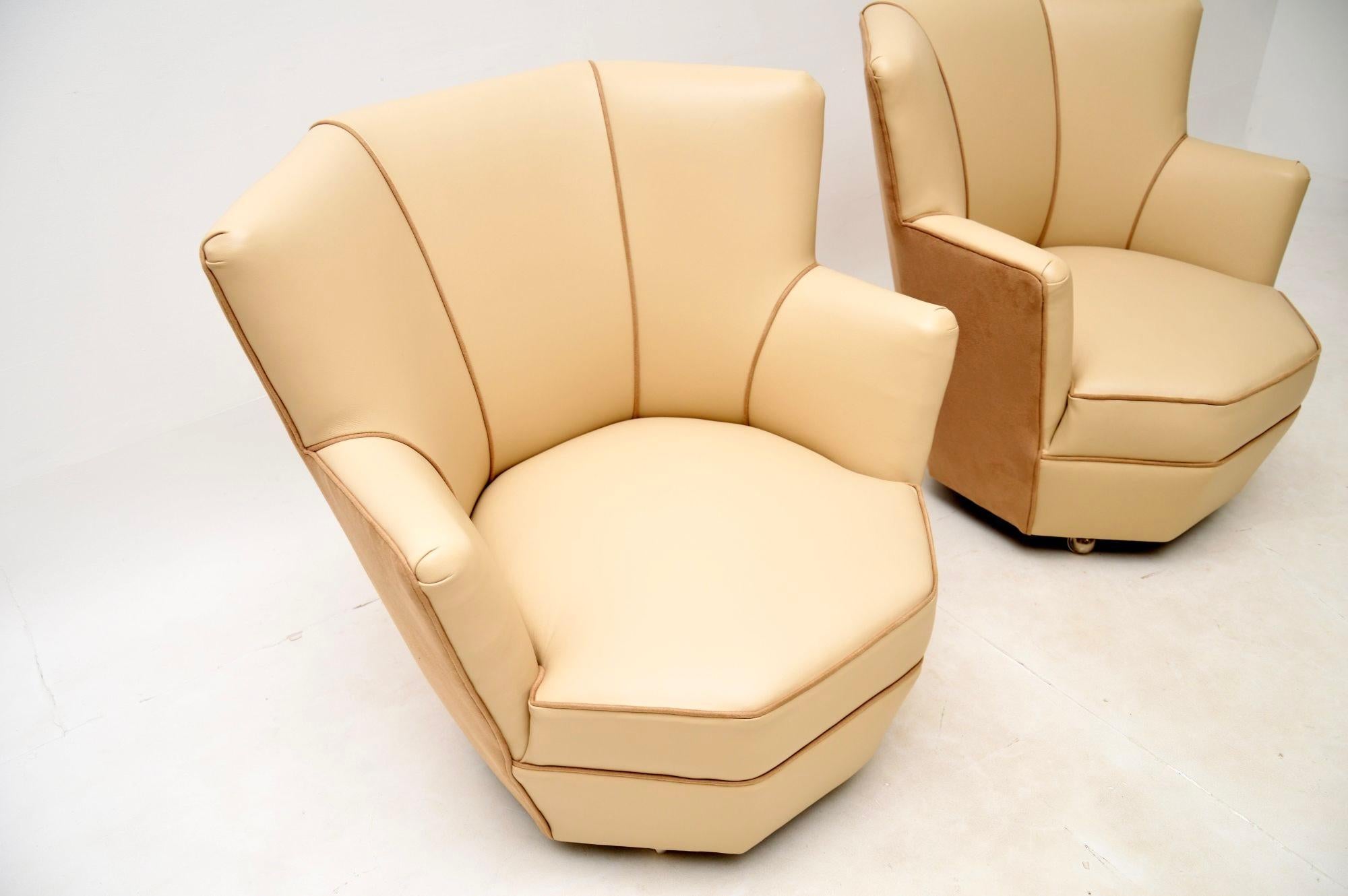 Mid-20th Century Pair of Art Deco Leather and Suede Cocktail Armchairs