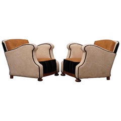 Pair of Art Deco Leather Black and White Velvet Italian Club Chairs, 1930