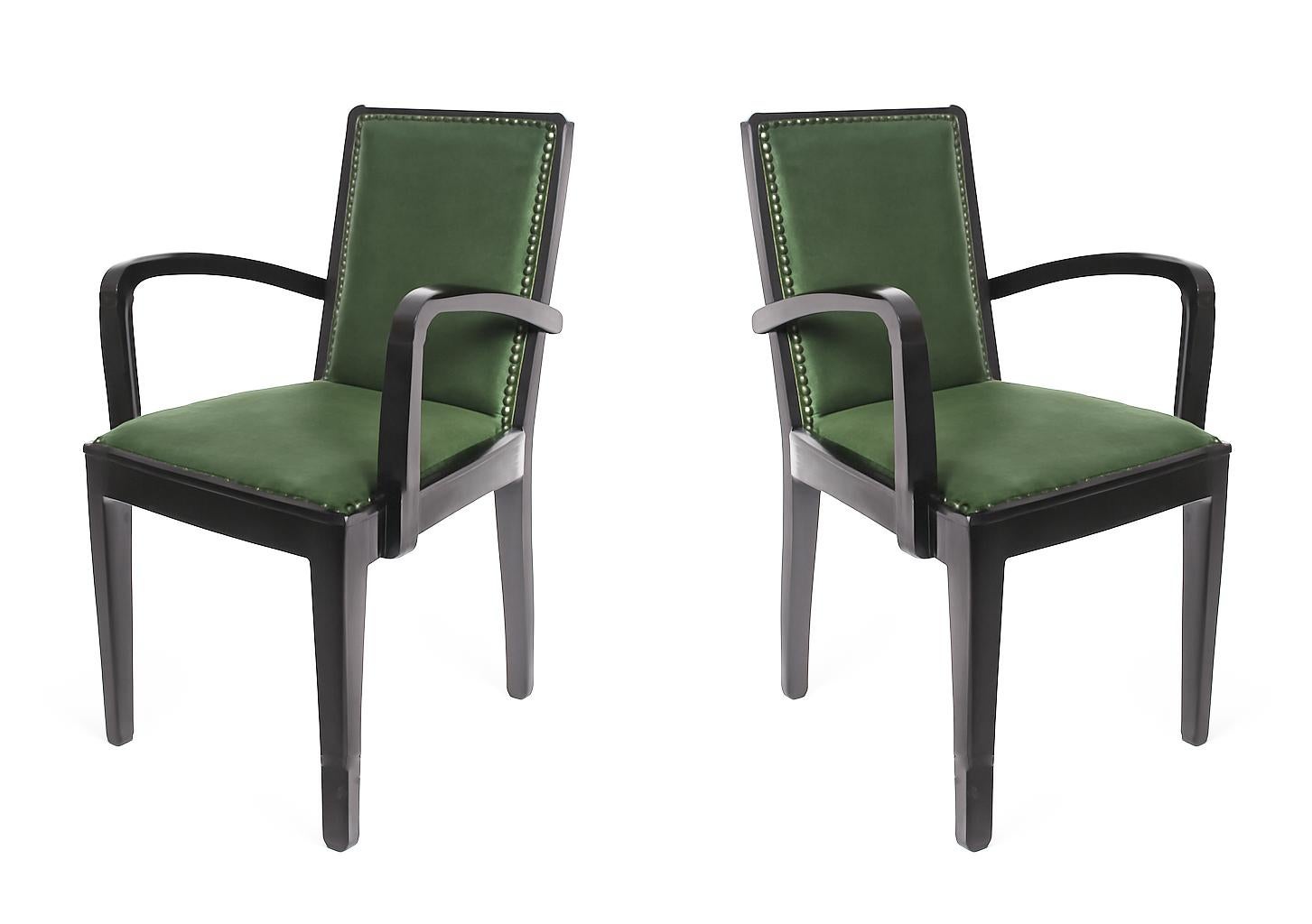Francese Coppia di poltrone Art Deco in pelle e lacca nera, 20° secolo in vendita