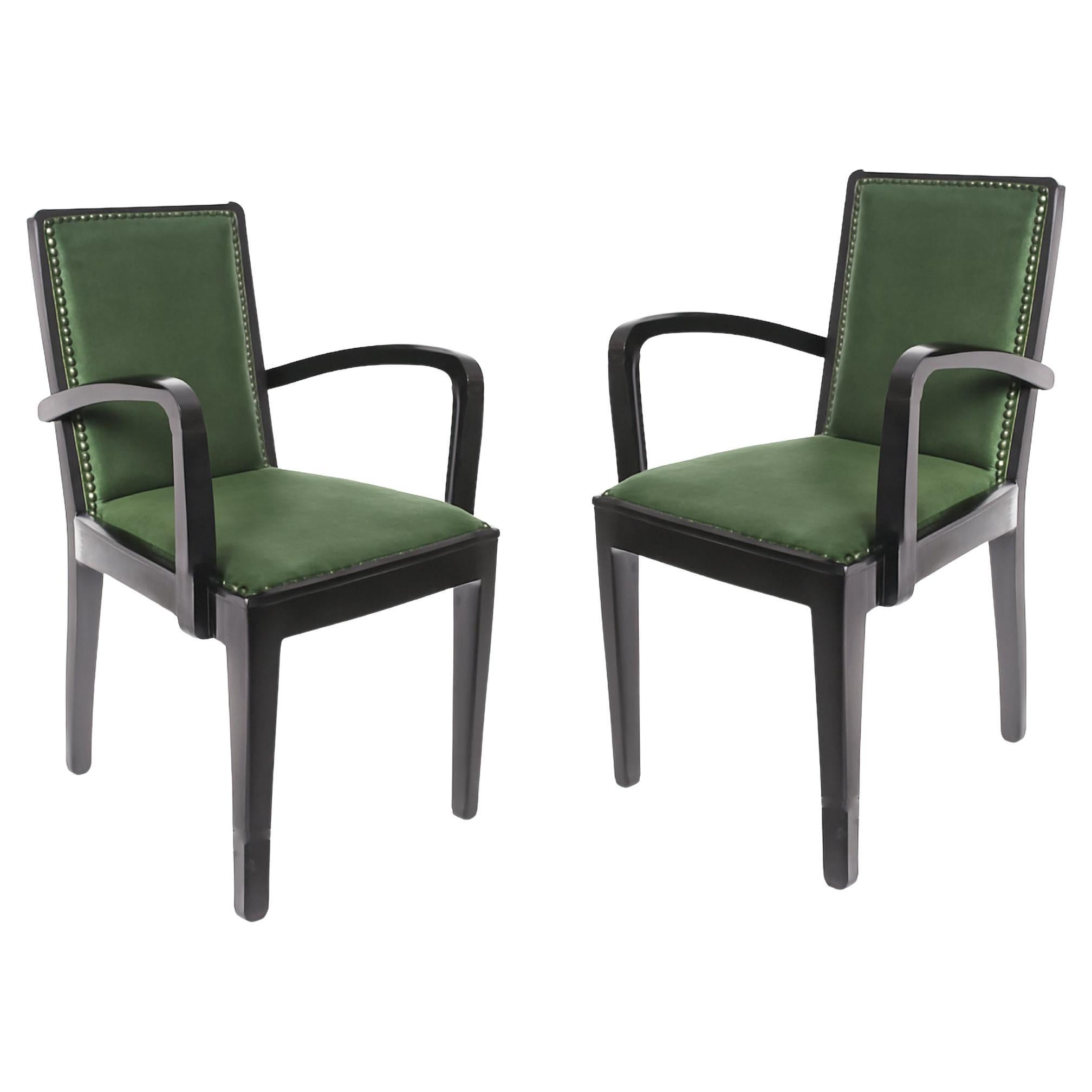 Pair of Art Deco Leather Black Lacquer Armchairs, 20th Century