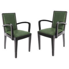 Pair of Art Deco Leather Black Lacquer Armchairs, 20th Century