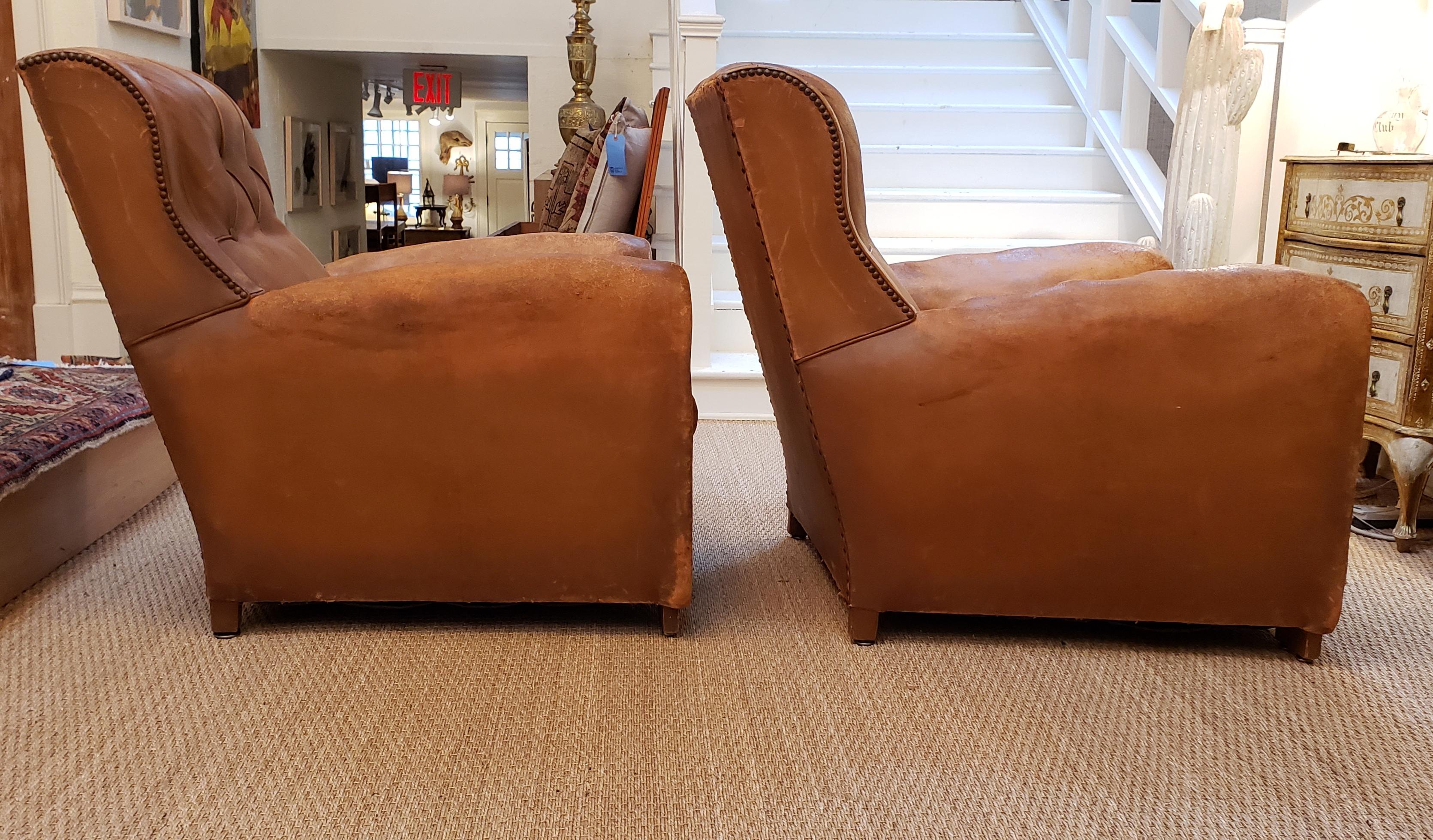 Pair of Art Deco Leather Chairs In Distressed Condition In New York, NY
