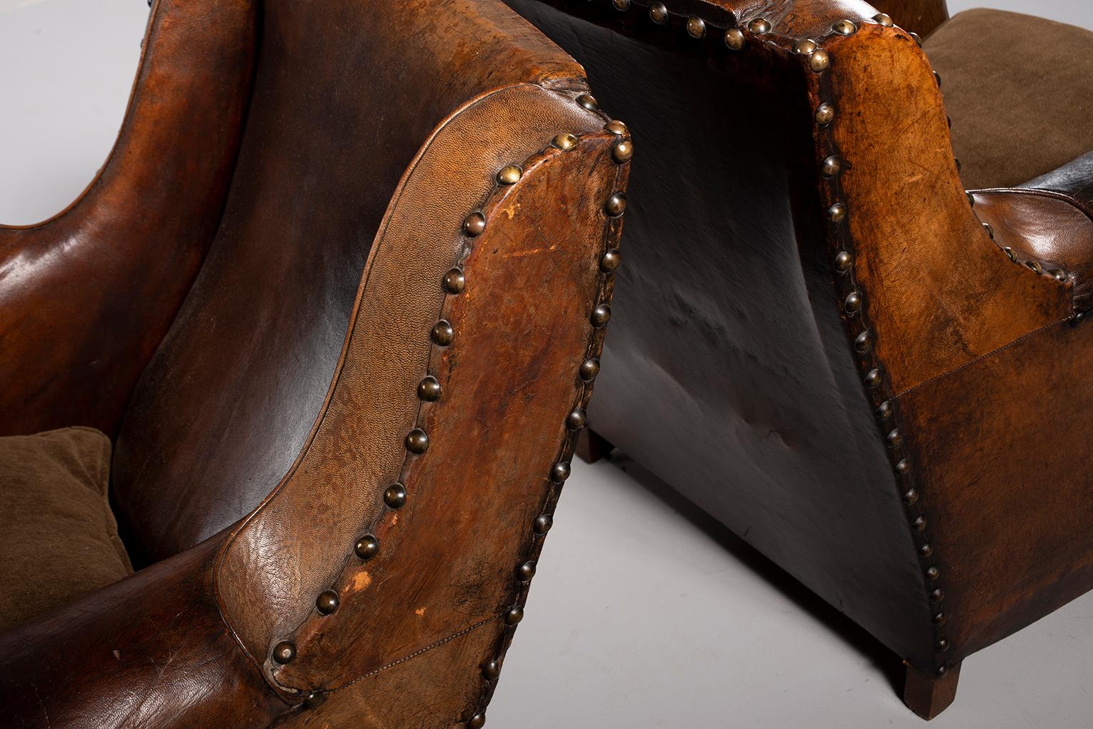 Pair of Art Deco Leather Chairs with Alpaca Velvet Seats 4