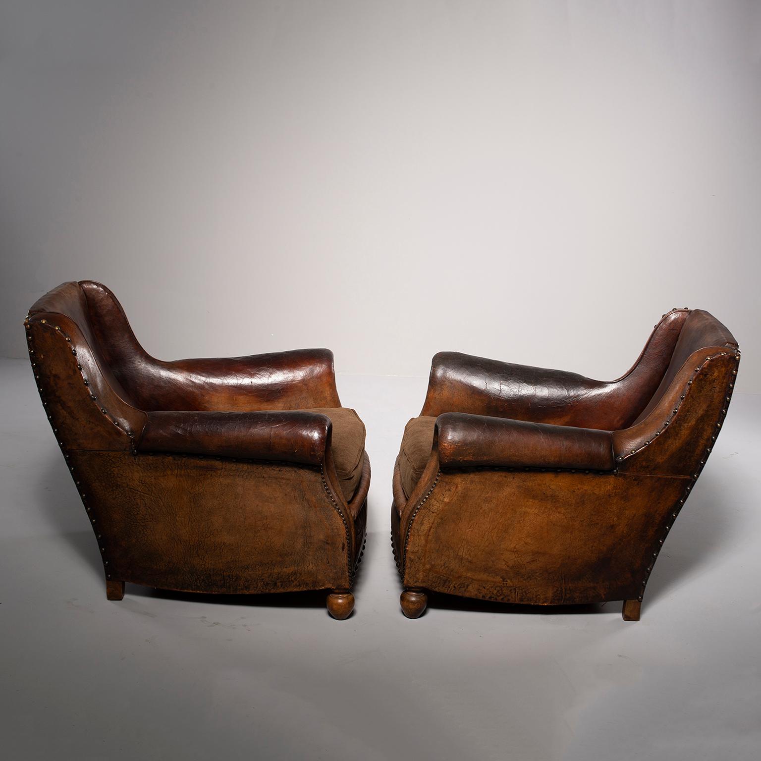 French Pair of Art Deco Leather Chairs with Alpaca Velvet Seats