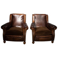 Pair of Art Deco Leather Chairs with Alpaca Velvet Seats