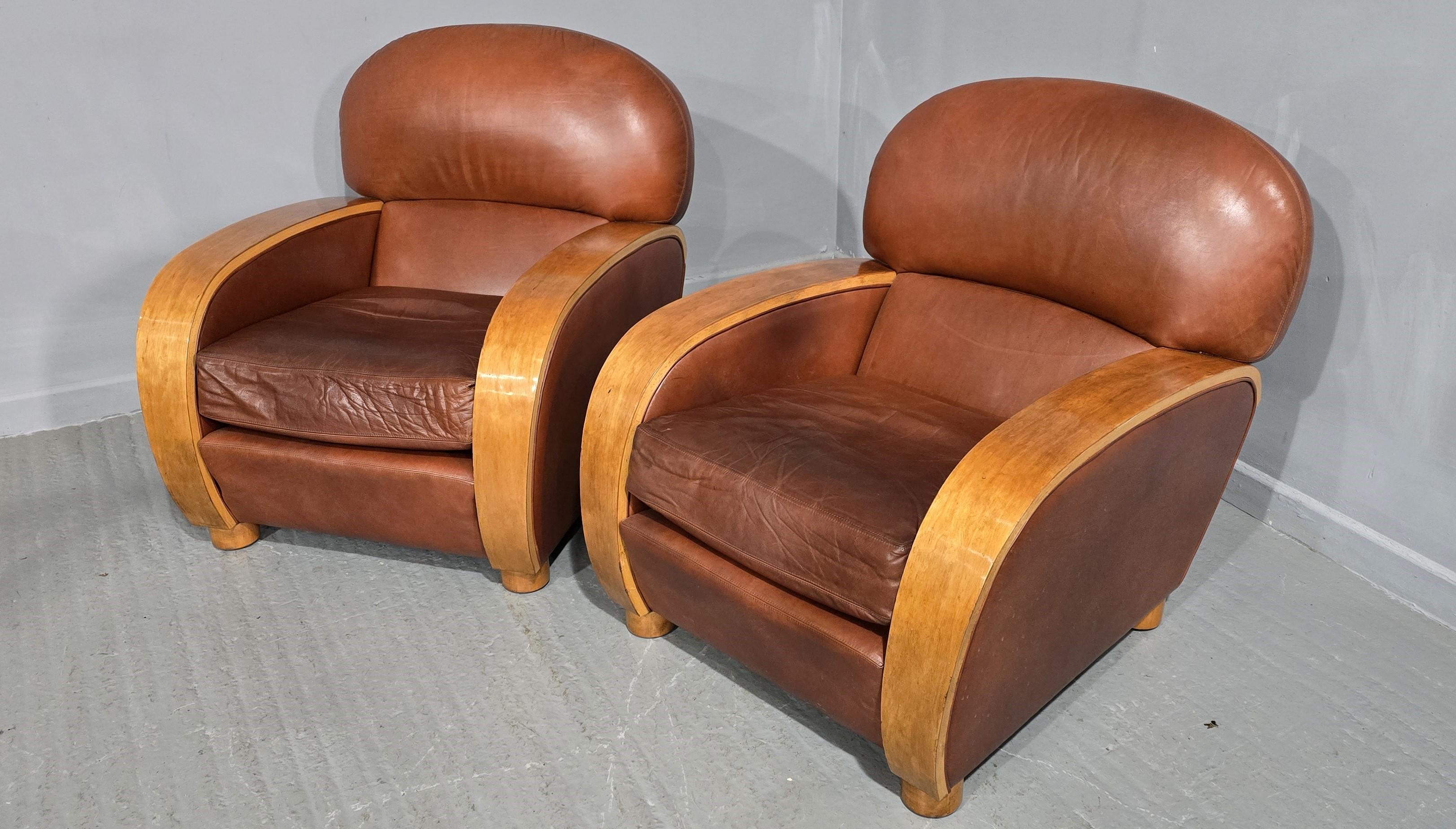 XX secolo Coppia di poltrone club in pelle Art Déco in vendita