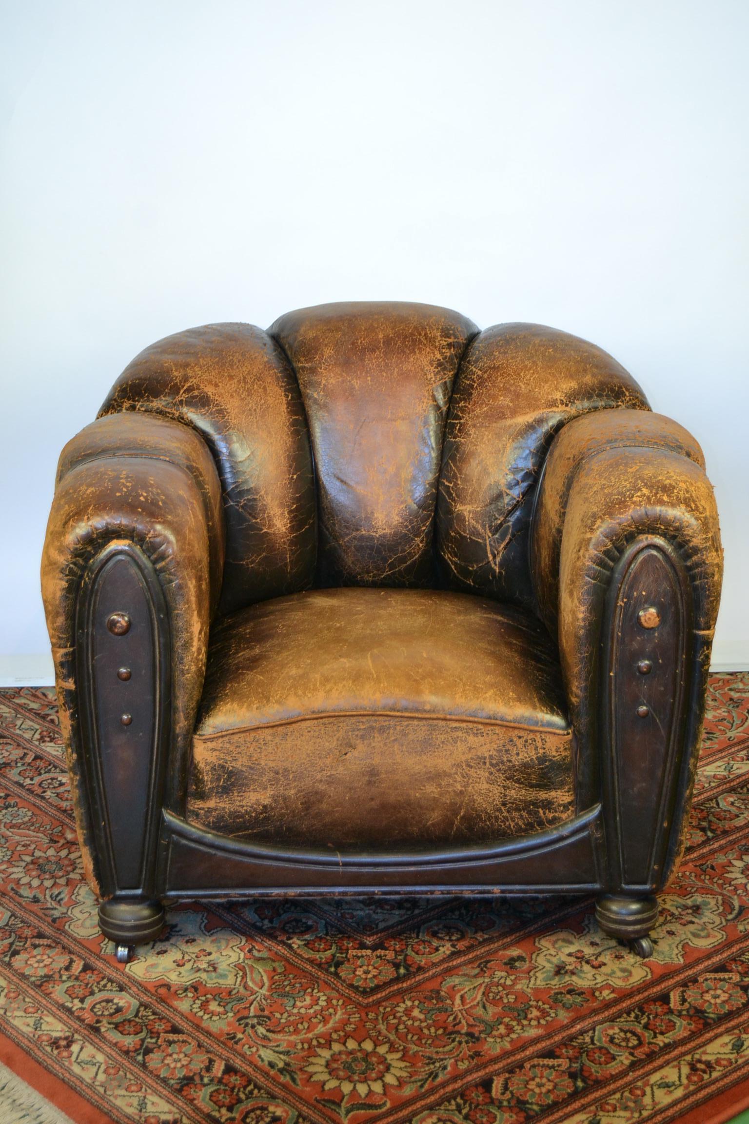 Pair of Art Deco Leather Club Chairs or Armchairs,  Scalloped Back, Aged Patina 8