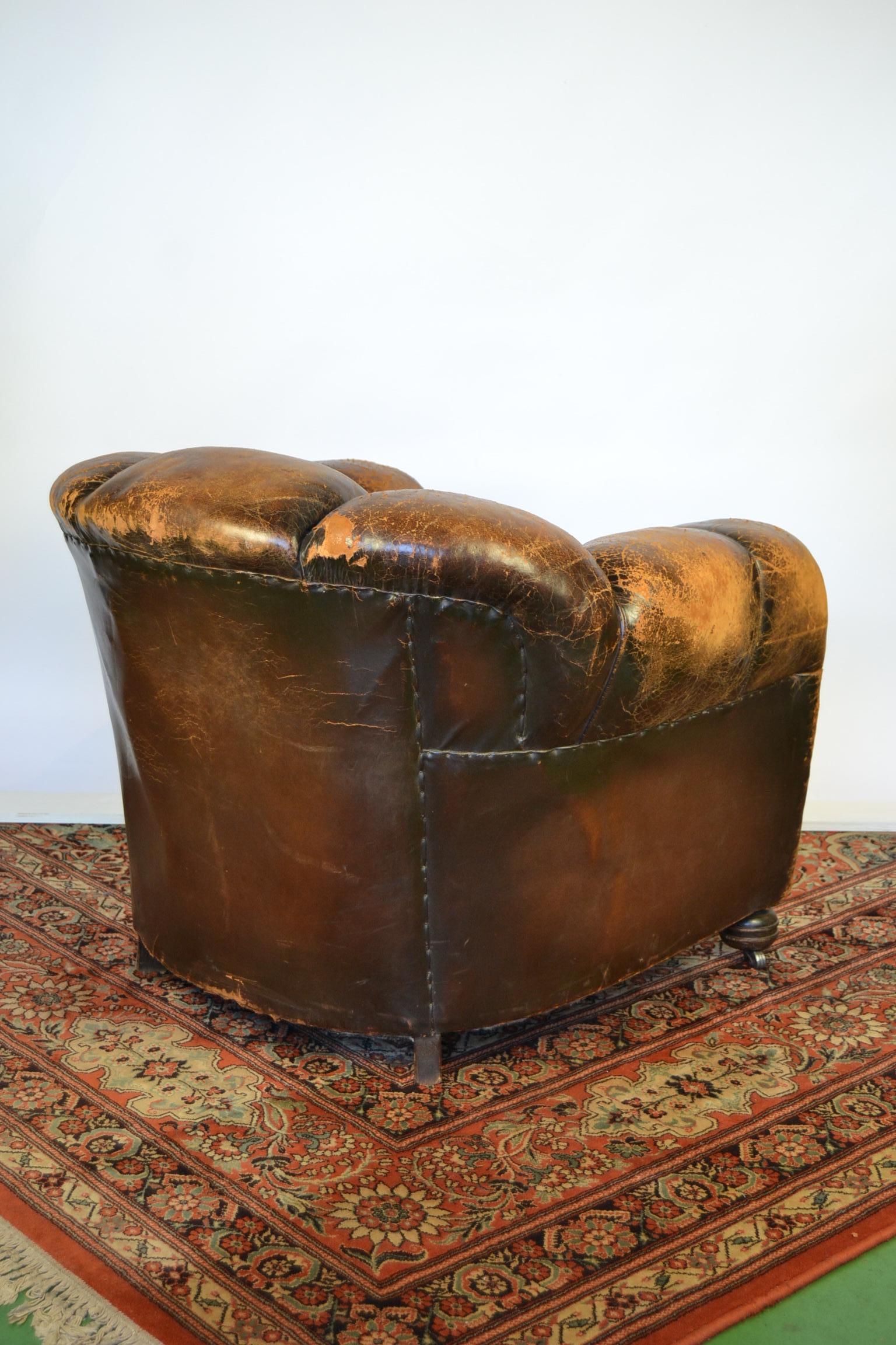 Pair of Art Deco Leather Club Chairs or Armchairs,  Scalloped Back, Aged Patina 12