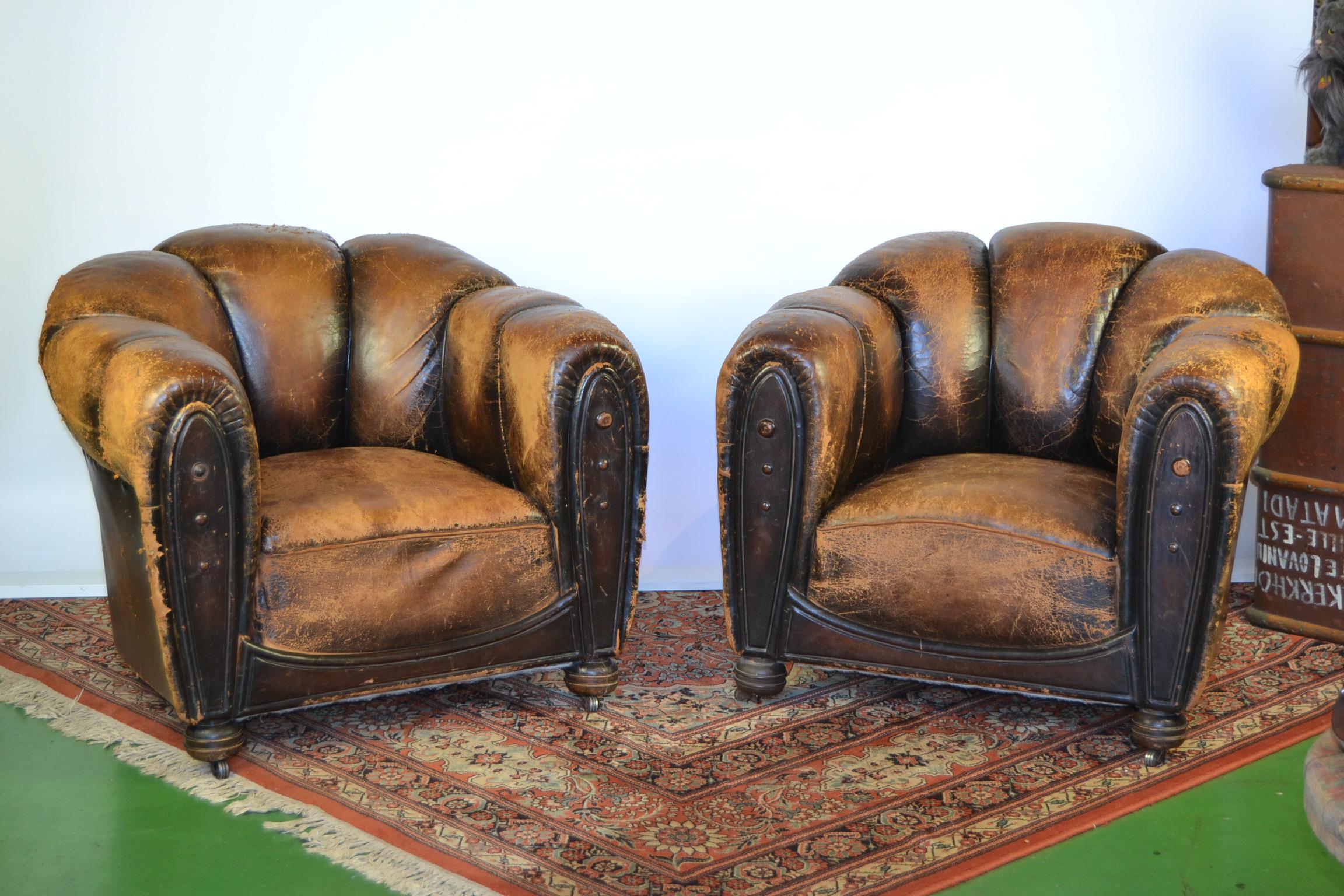 Pair of Art Deco Leather Club Chairs or Armchairs,  Scalloped Back, Aged Patina 15