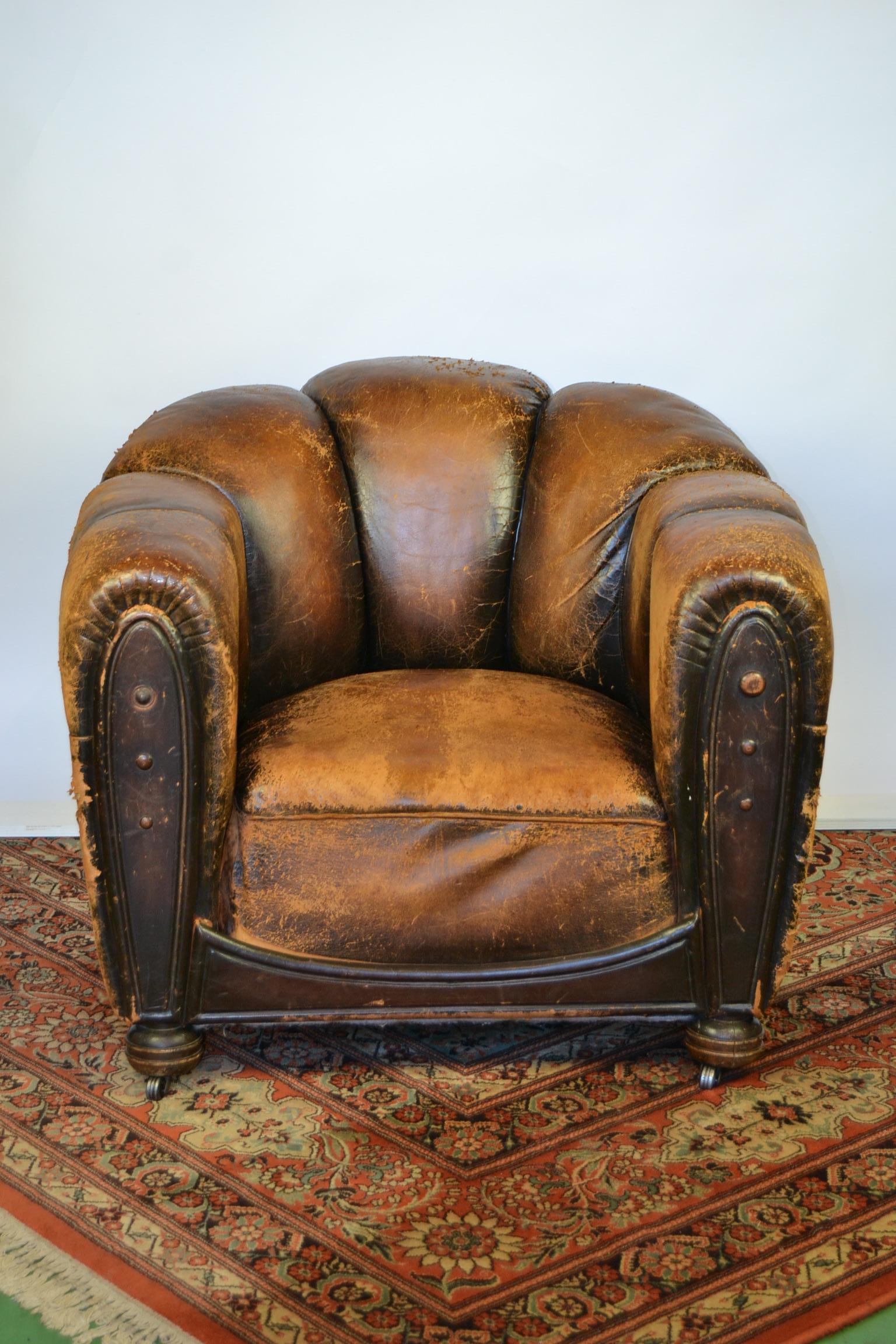 European Pair of Art Deco Leather Club Chairs or Armchairs,  Scalloped Back, Aged Patina