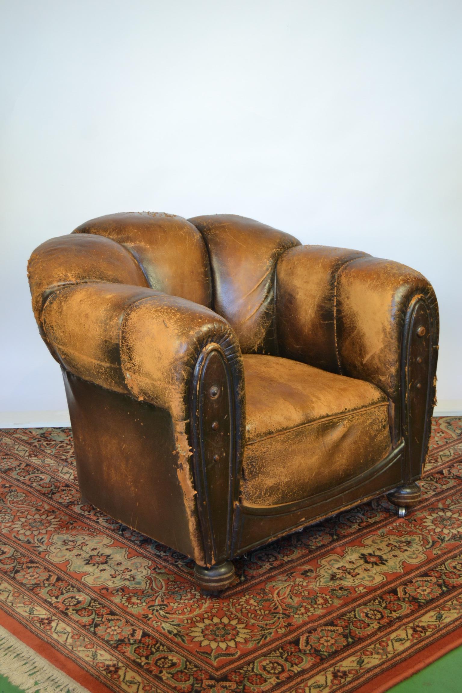 20th Century Pair of Art Deco Leather Club Chairs or Armchairs,  Scalloped Back, Aged Patina