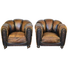 Pair of Art Deco Leather Club Chairs or Armchairs,  Scalloped Back, Aged Patina