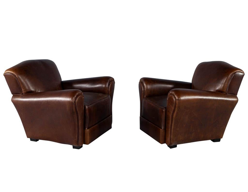 French Pair of Art Deco Style Leather Club Chairs, circa 1950s For Sale