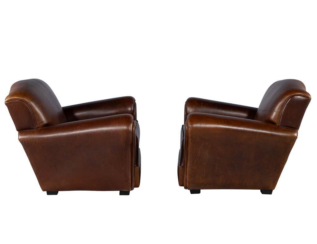 Pair of Art Deco Style Leather Club Chairs, circa 1950s In Excellent Condition For Sale In North York, ON
