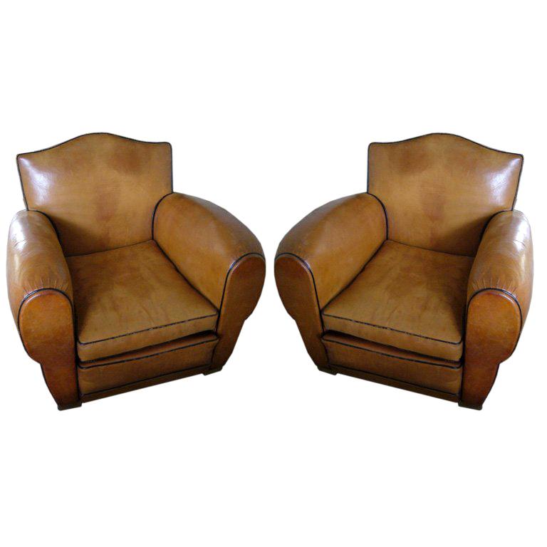 Pair of Art Deco Leather Club Chairs For Sale