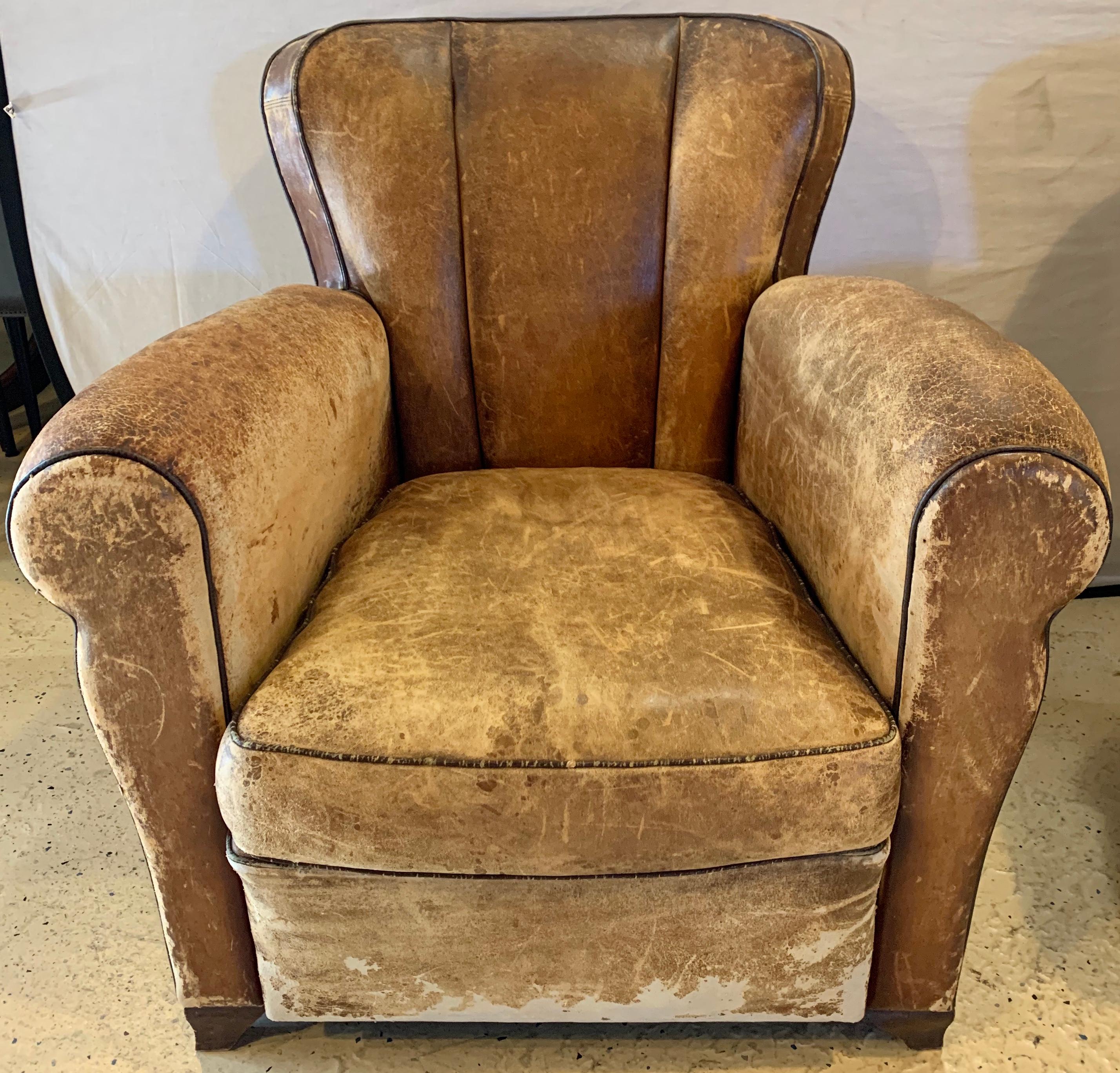 Pair of Art Deco Leather Lounge or Club Chairs, circa 1940s In Distressed Condition In Stamford, CT