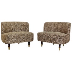 Pair of Art Deco Leopard Tufted Barrel Slipper Chairs Rohde Haines Style