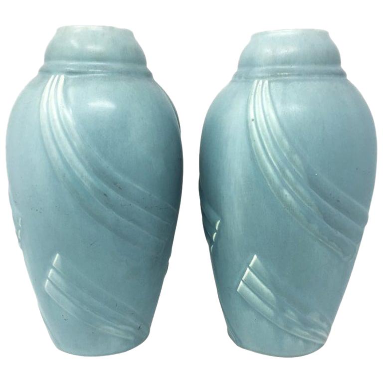 Pair of Art Deco Light Blue Vases in Ceramic, 1930s