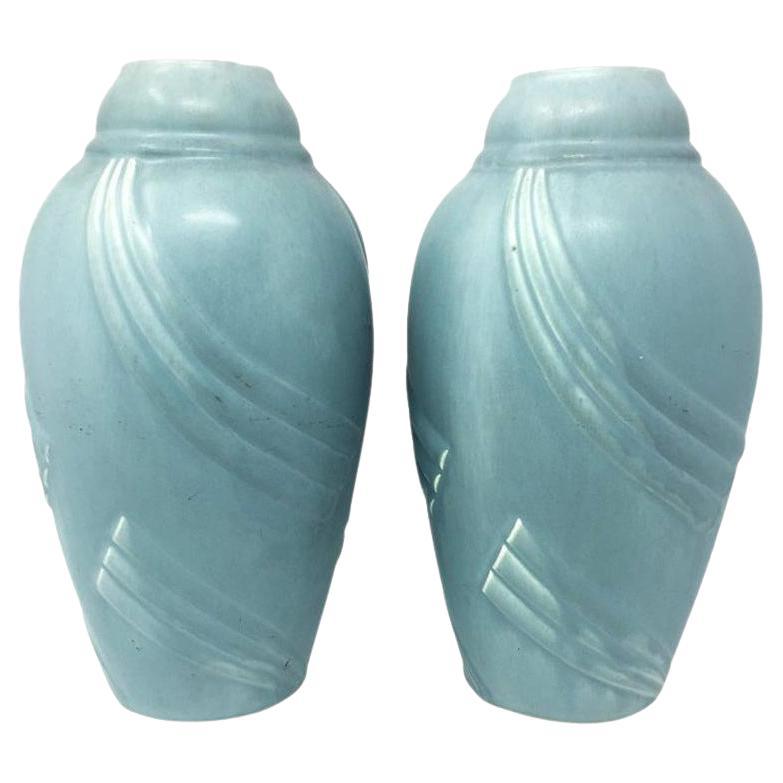 Pair of Art Deco Light Blue Vases in Ceramic, 1930s For Sale