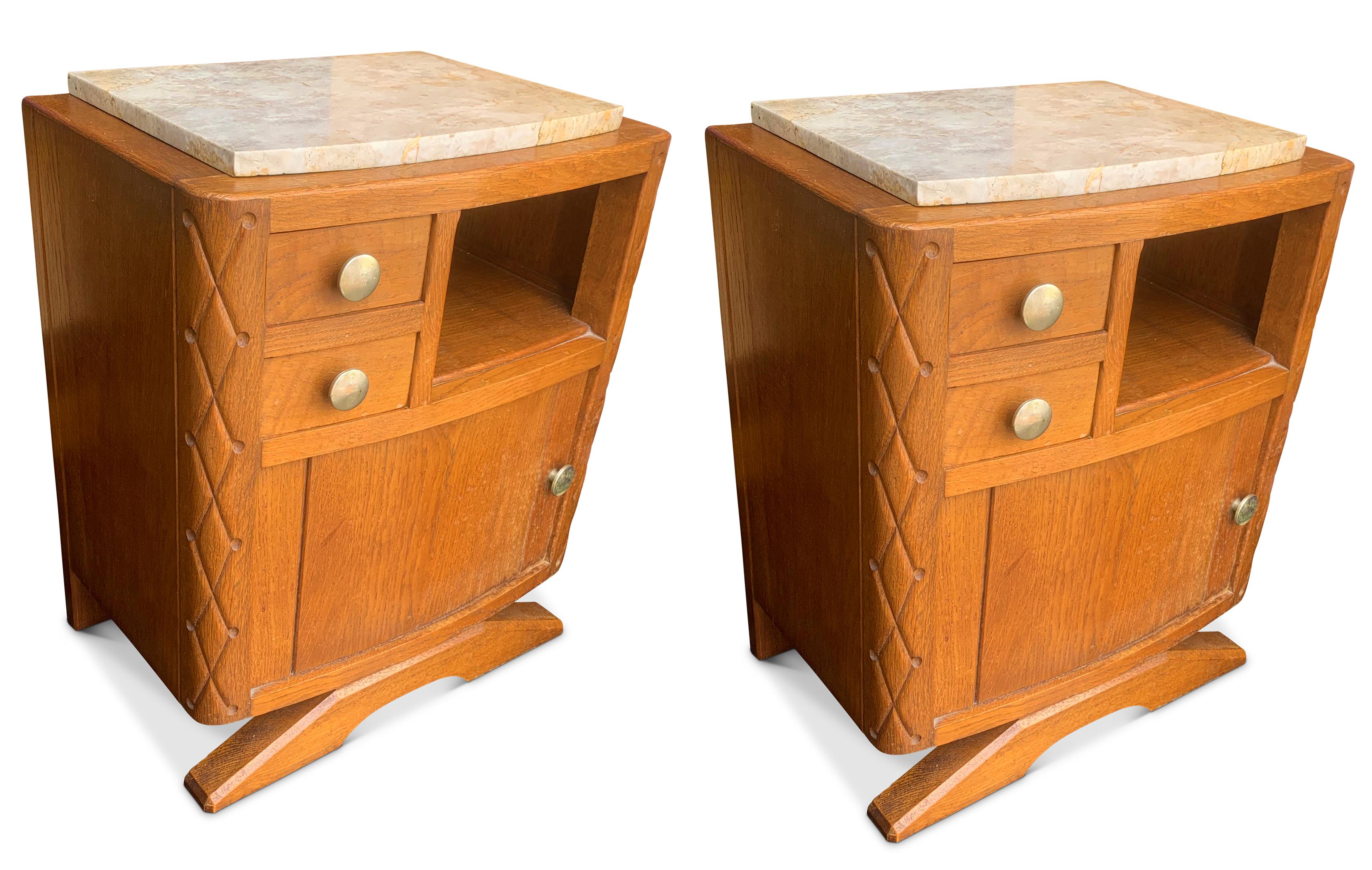 Pair of Art Deco limed oak, carved oak marble topped nightstands with two drawers & cupboard 1920s

Measures: height to top: 58 cm 
height to top of marble: 60 cm.
