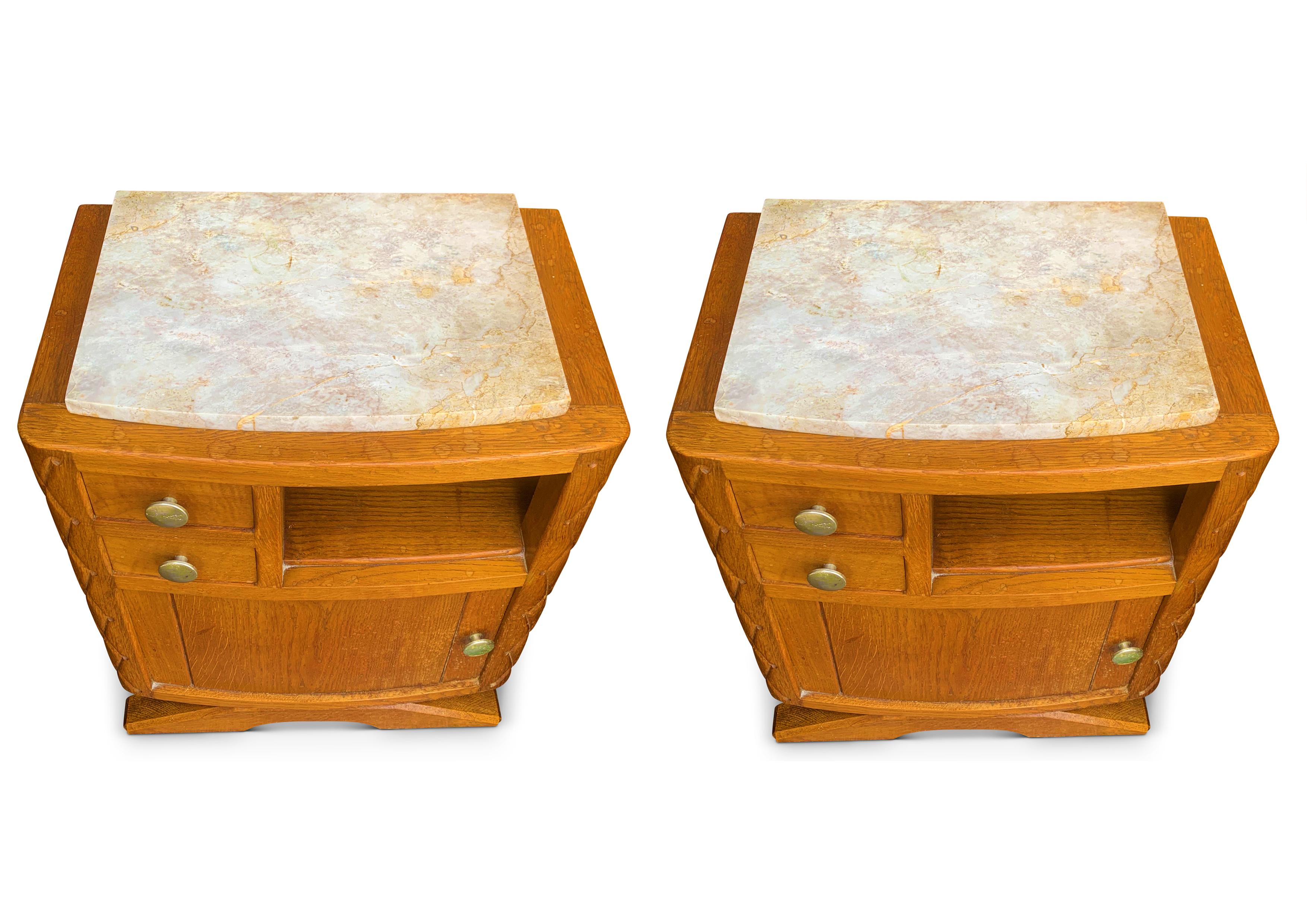 British Pair of Art Deco Limed Oak, Carved Oak Marble Topped Nightstands with Two Drawer For Sale