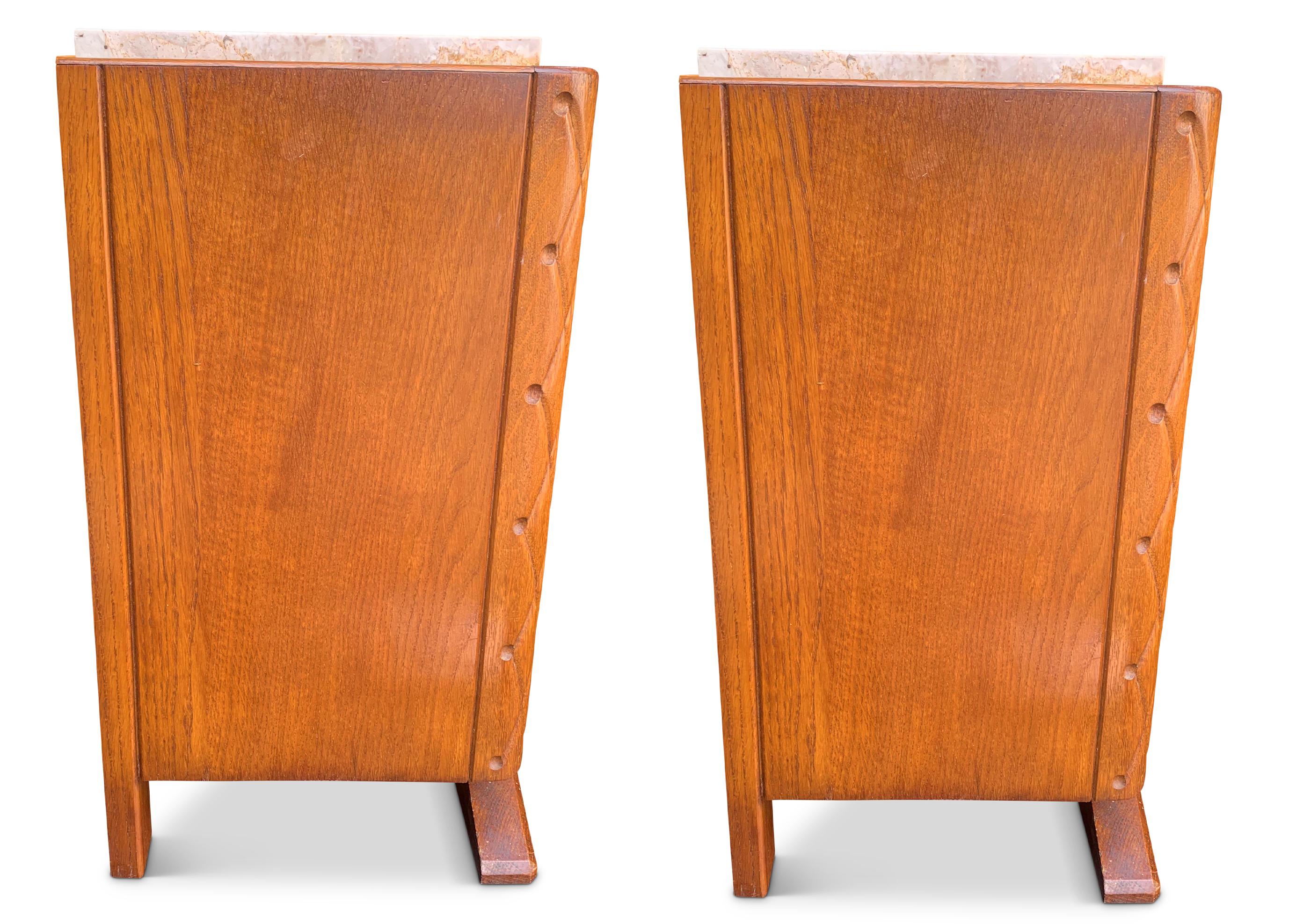 20th Century Pair of Art Deco Limed Oak, Carved Oak Marble Topped Nightstands with Two Drawer For Sale