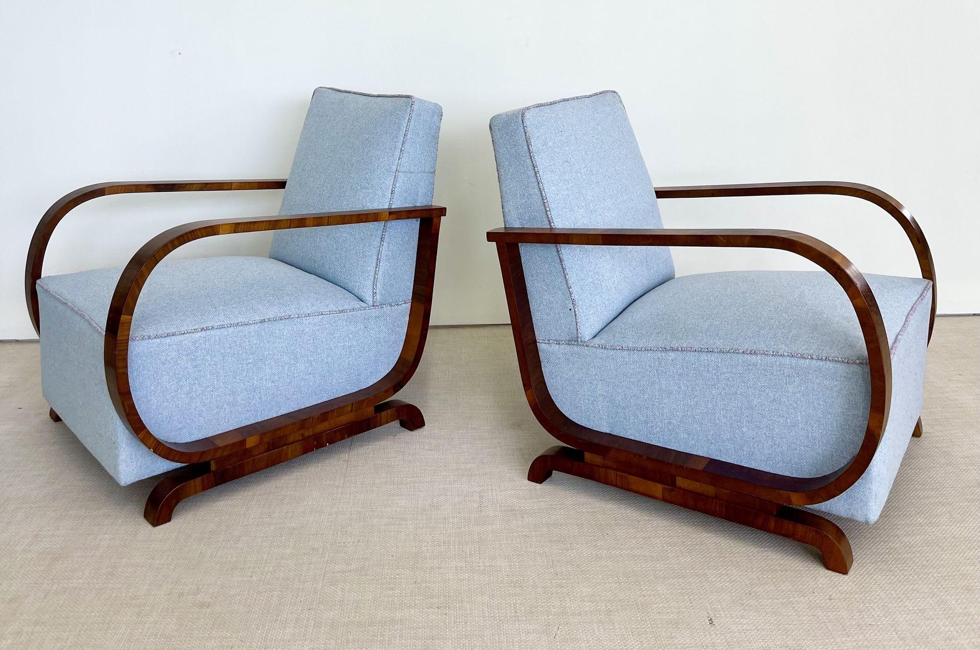 Swedish Pair of Art Deco Lounge / Arm Chairs, Walnut, Fabric, Mid-Century Style, Sweden
