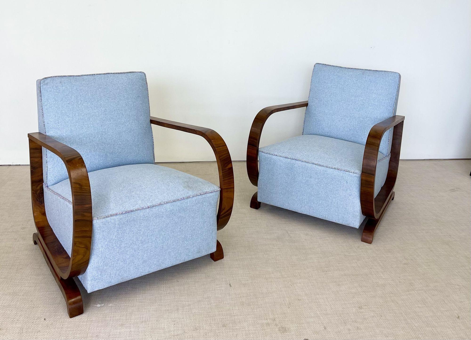 Pair of Art Deco Lounge / Arm Chairs, Walnut, Fabric, Mid-Century Style, Sweden In Good Condition In Stamford, CT