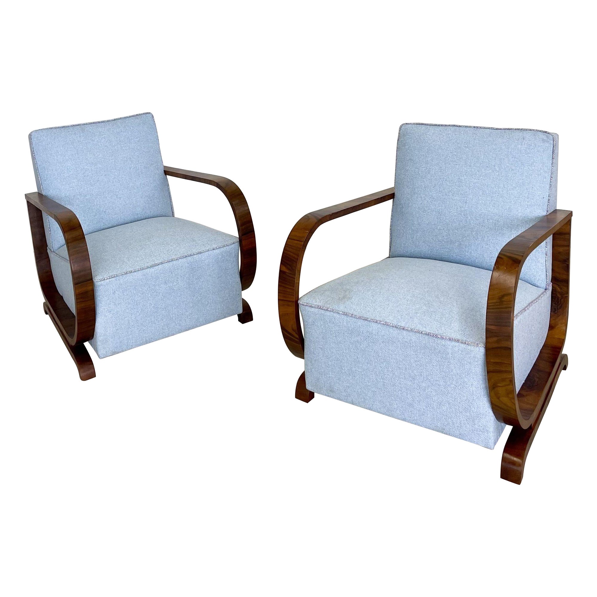 Pair of Art Deco Lounge / Arm Chairs, Walnut, Fabric, Mid-Century Style, Sweden