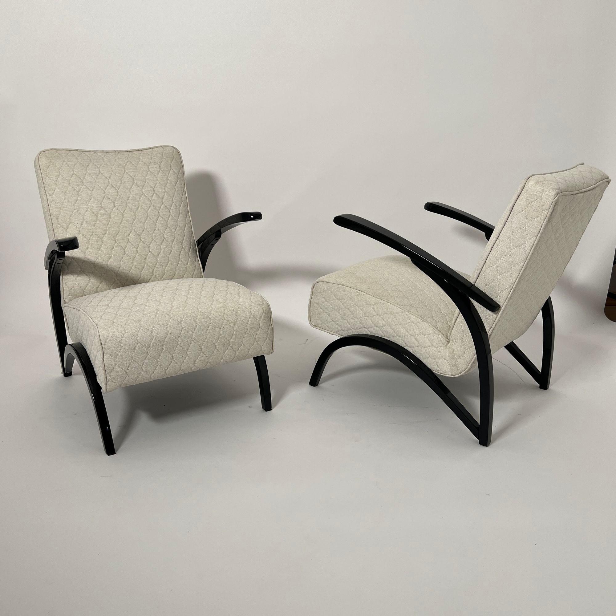 Paar Art Deco Lounge Chairs von J. Halabala, schwarzer Lack, Tschechien um 1930 im Angebot 6