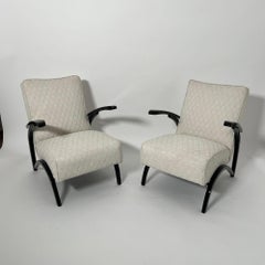 Pair of Art Deco Lounge Chairs by J. Halabala, Black Laquer, Czechia circa 1930