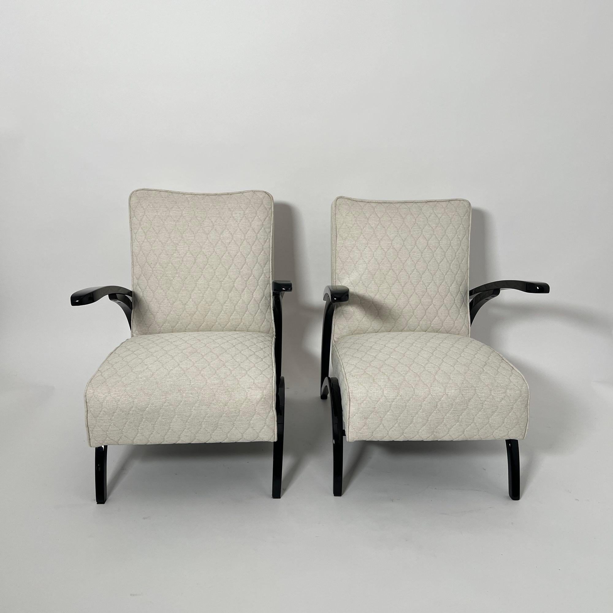 Paar Art Deco Lounge Chairs von J. Halabala, schwarzer Lack, Tschechien um 1930 (Tschechisch) im Angebot