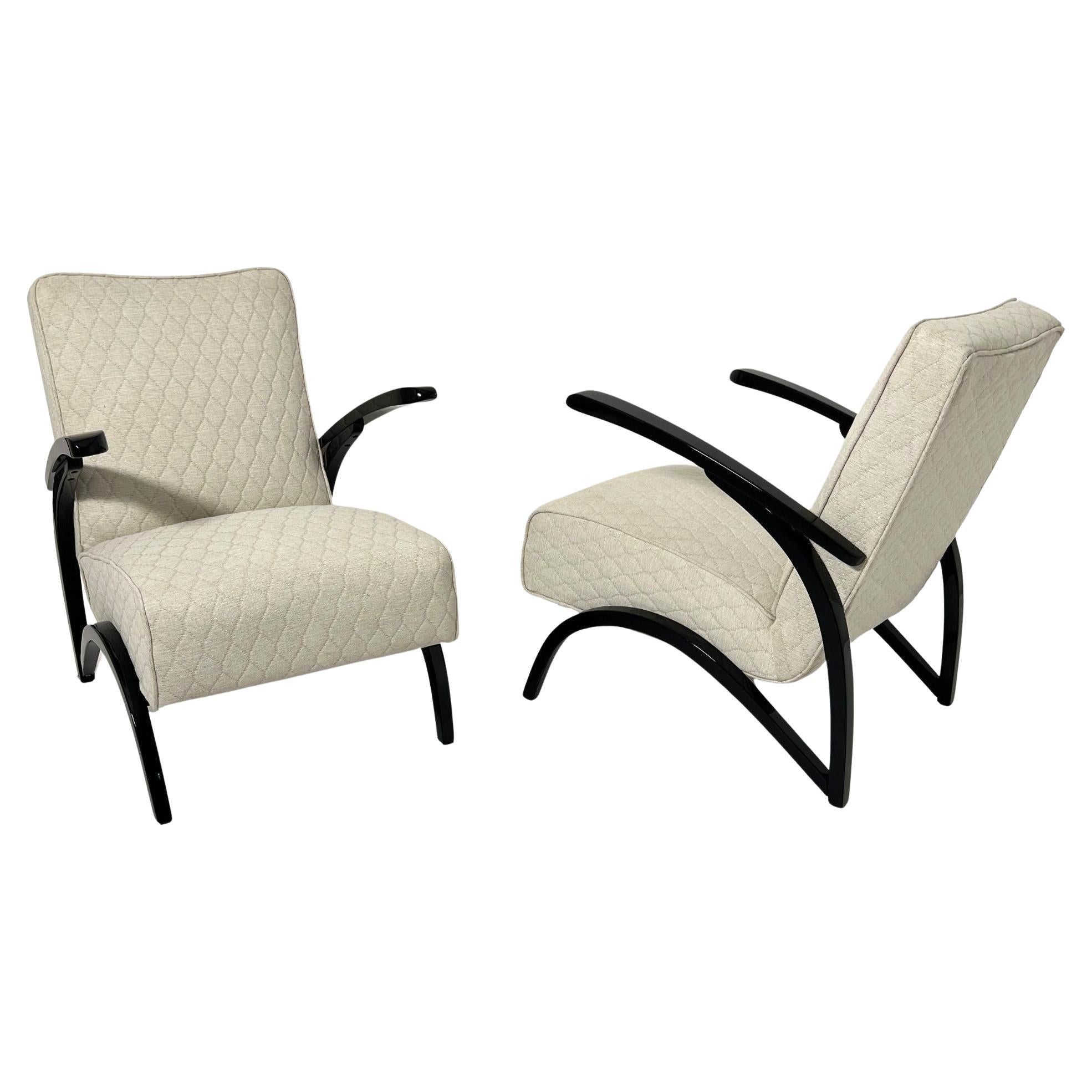 Paire de chaises longues Art déco par J. Halabala, laque noire, Tchécoslovaquie vers 1930