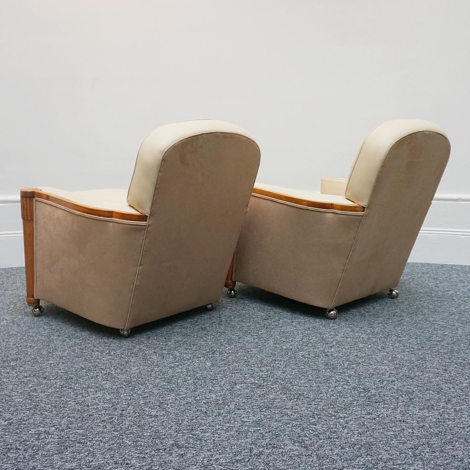 Pair of Art Deco Lounge Chairs by Maurice Adams Cream Leather and Satinwood  4