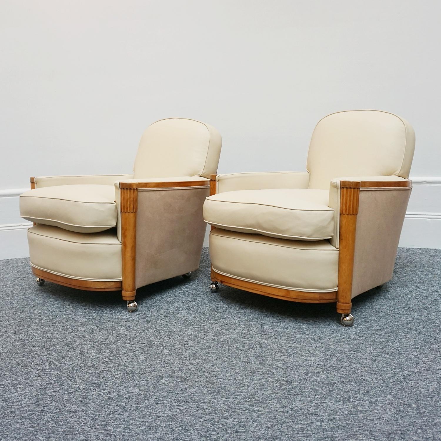 Pair of Art Deco Lounge Chairs by Maurice Adams Cream Leather and Satinwood  6