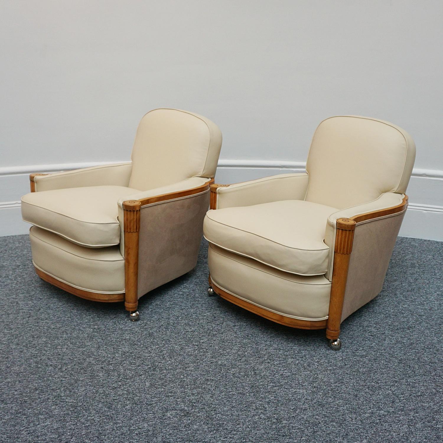 Pair of Art Deco Lounge Chairs by Maurice Adams Cream Leather and Satinwood  7