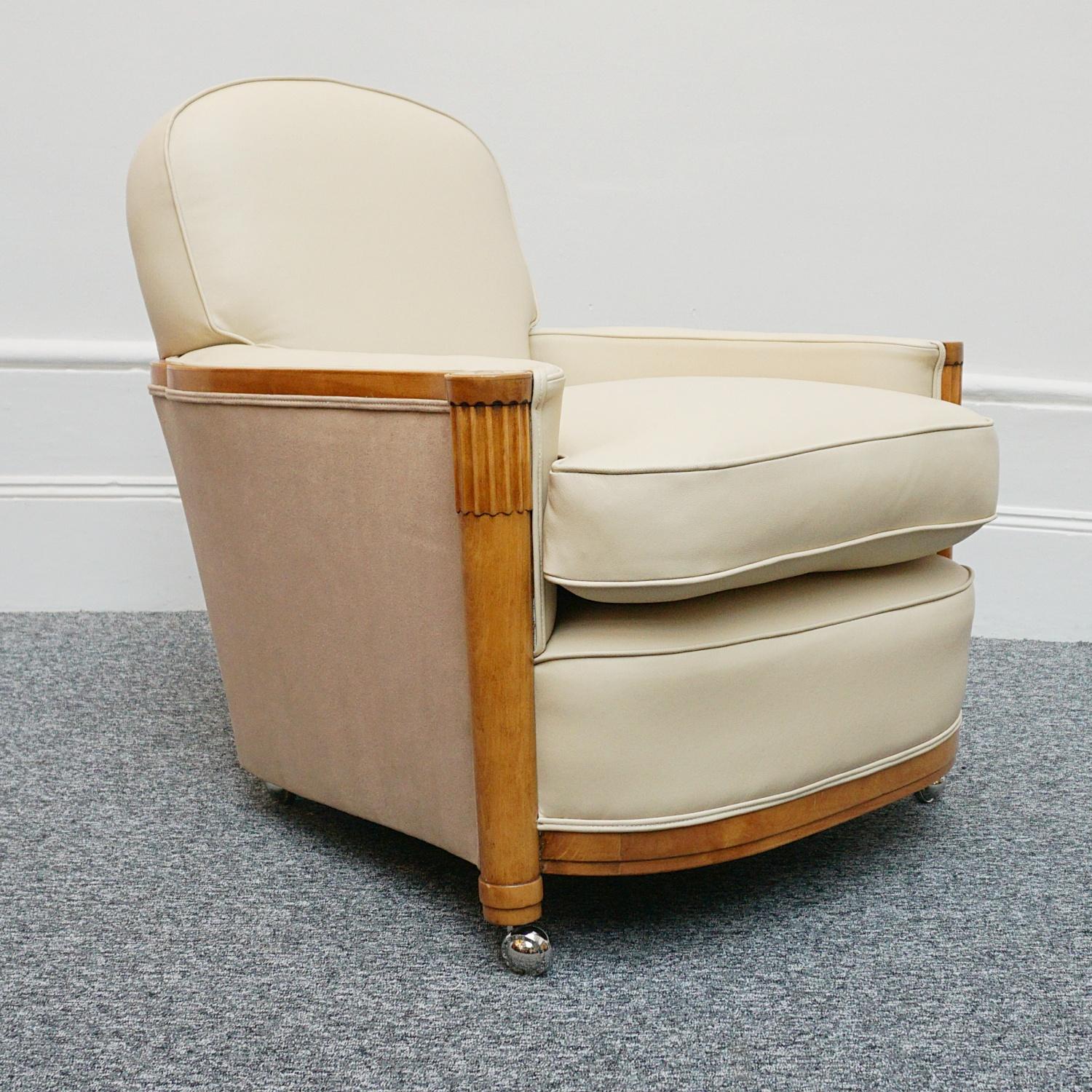 English Pair of Art Deco Lounge Chairs by Maurice Adams Cream Leather and Satinwood 