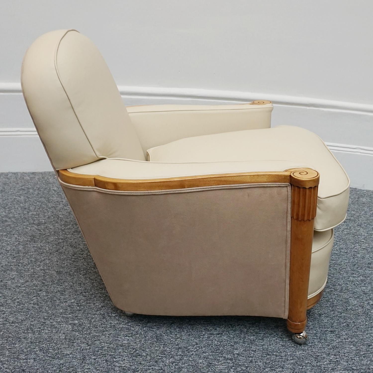 Pair of Art Deco Lounge Chairs by Maurice Adams Cream Leather and Satinwood  1