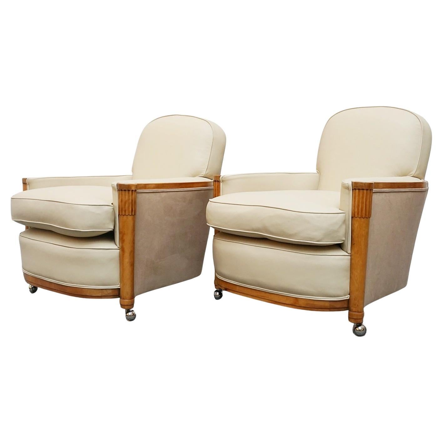 Pair of Art Deco Lounge Chairs by Maurice Adams Cream Leather and Satinwood 