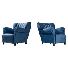 Pair of Art Deco Lounge Chairs in Blue Upholstery