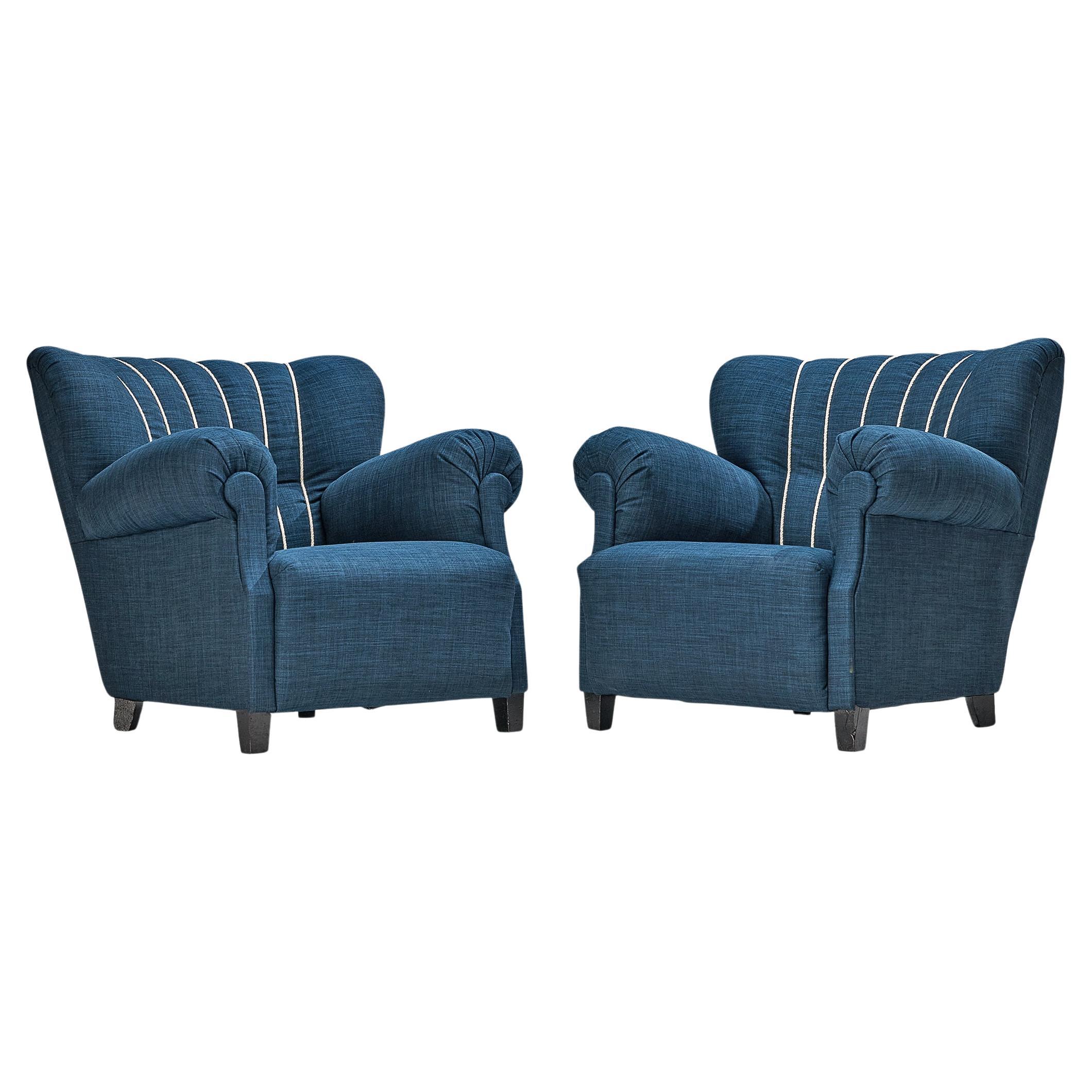 Paar Art Deco Lounge Chairs mit blauem Bezug