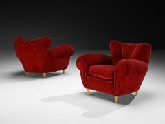 Pair of Art Deco Lounge Chairs in Burgundy Red Velvet Upholstery