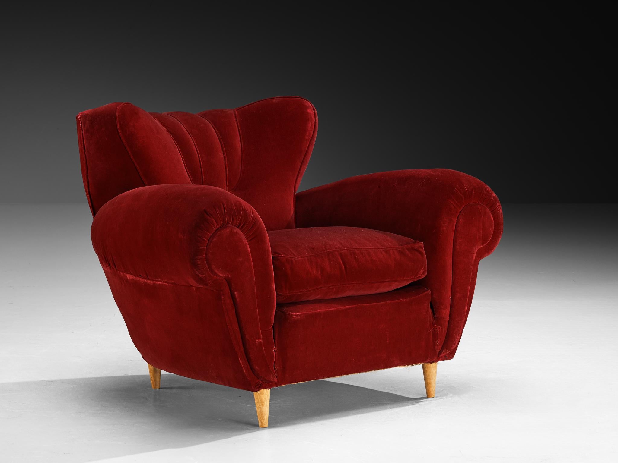 Paire de chaises longues Art déco en velours rouge bourgogne Bon état - En vente à Waalwijk, NL