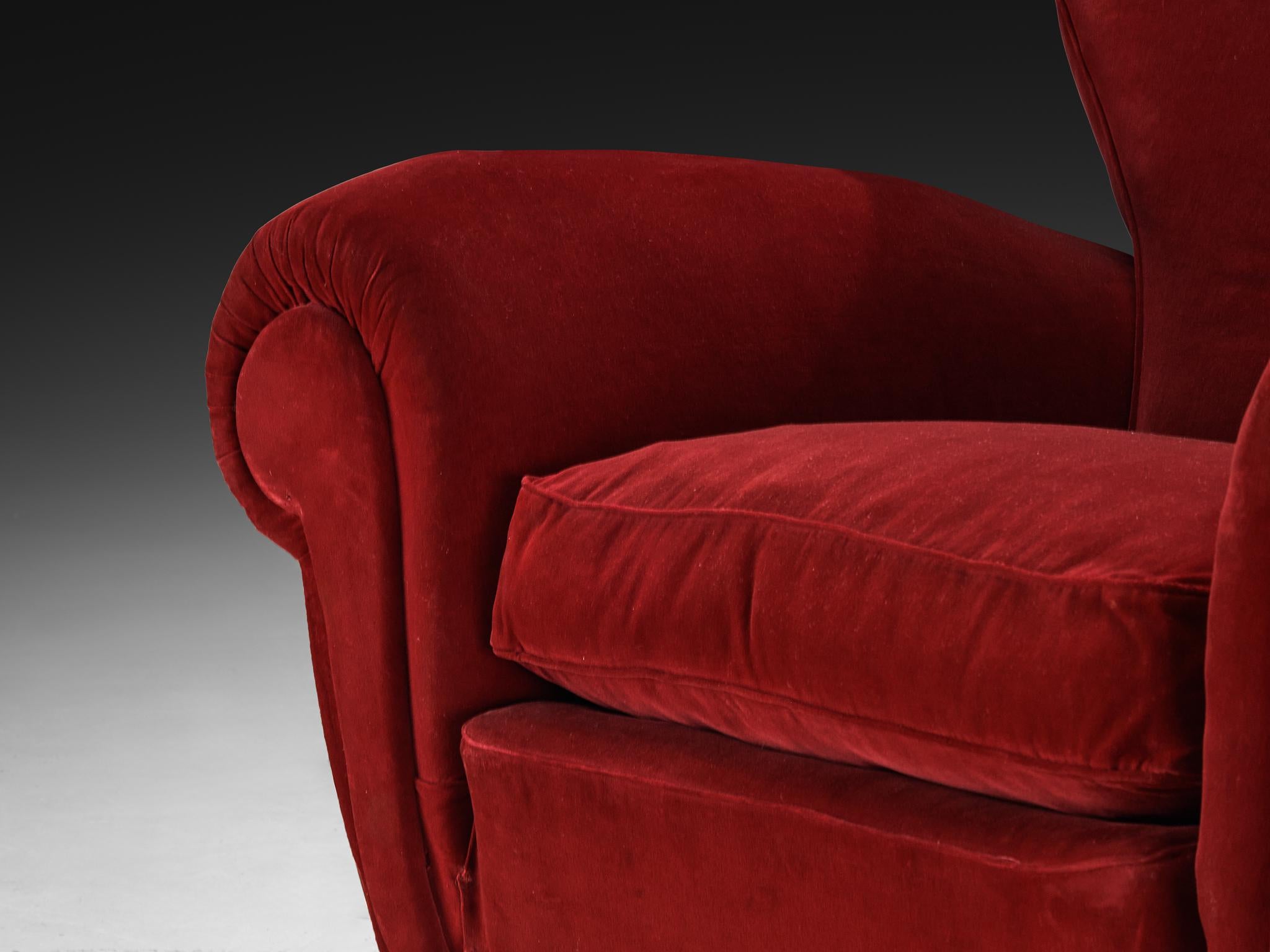 Tissu Paire de chaises longues Art déco en velours rouge bourgogne en vente