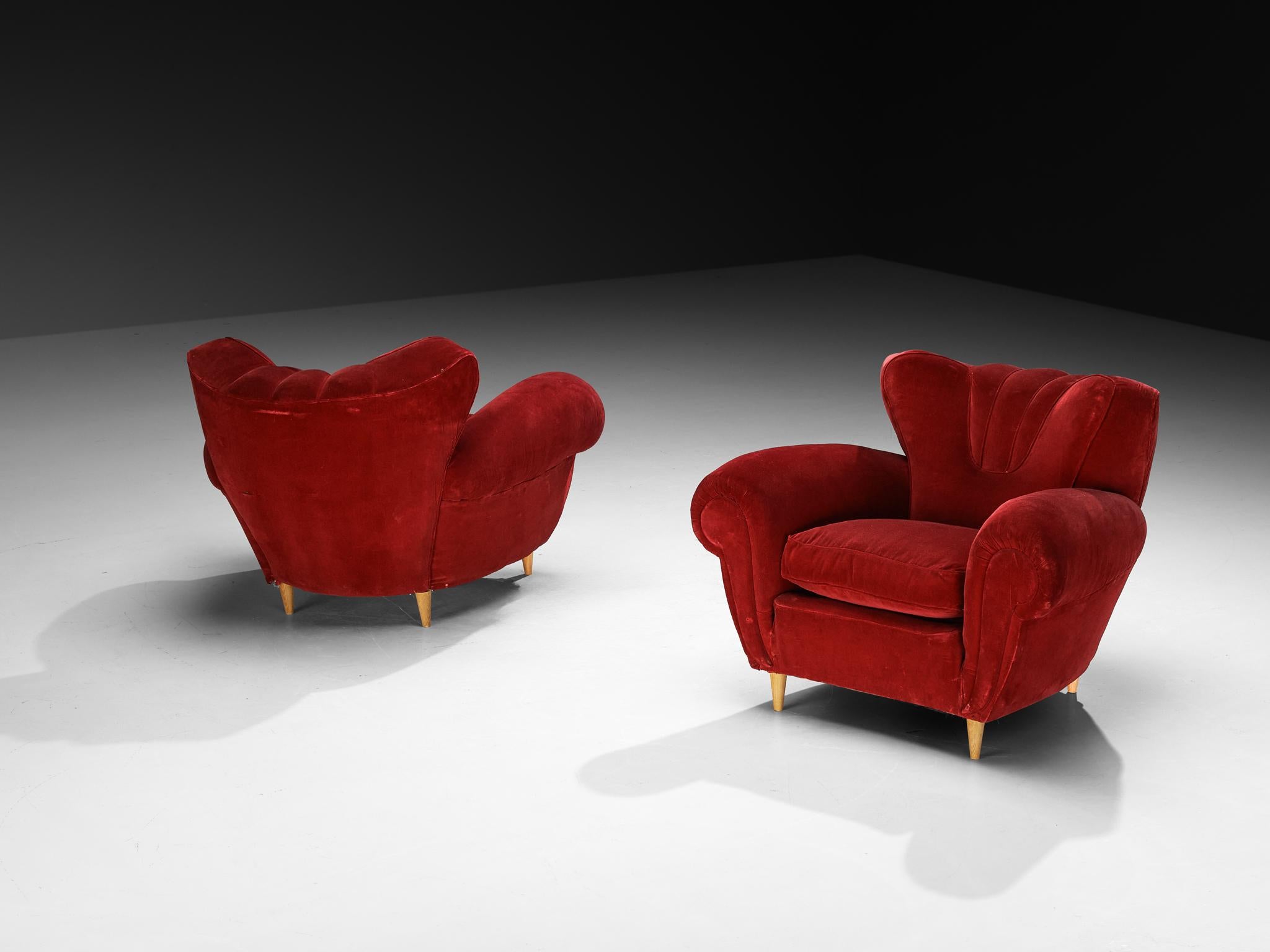 Paire de chaises longues Art déco en velours rouge bourgogne en vente 2