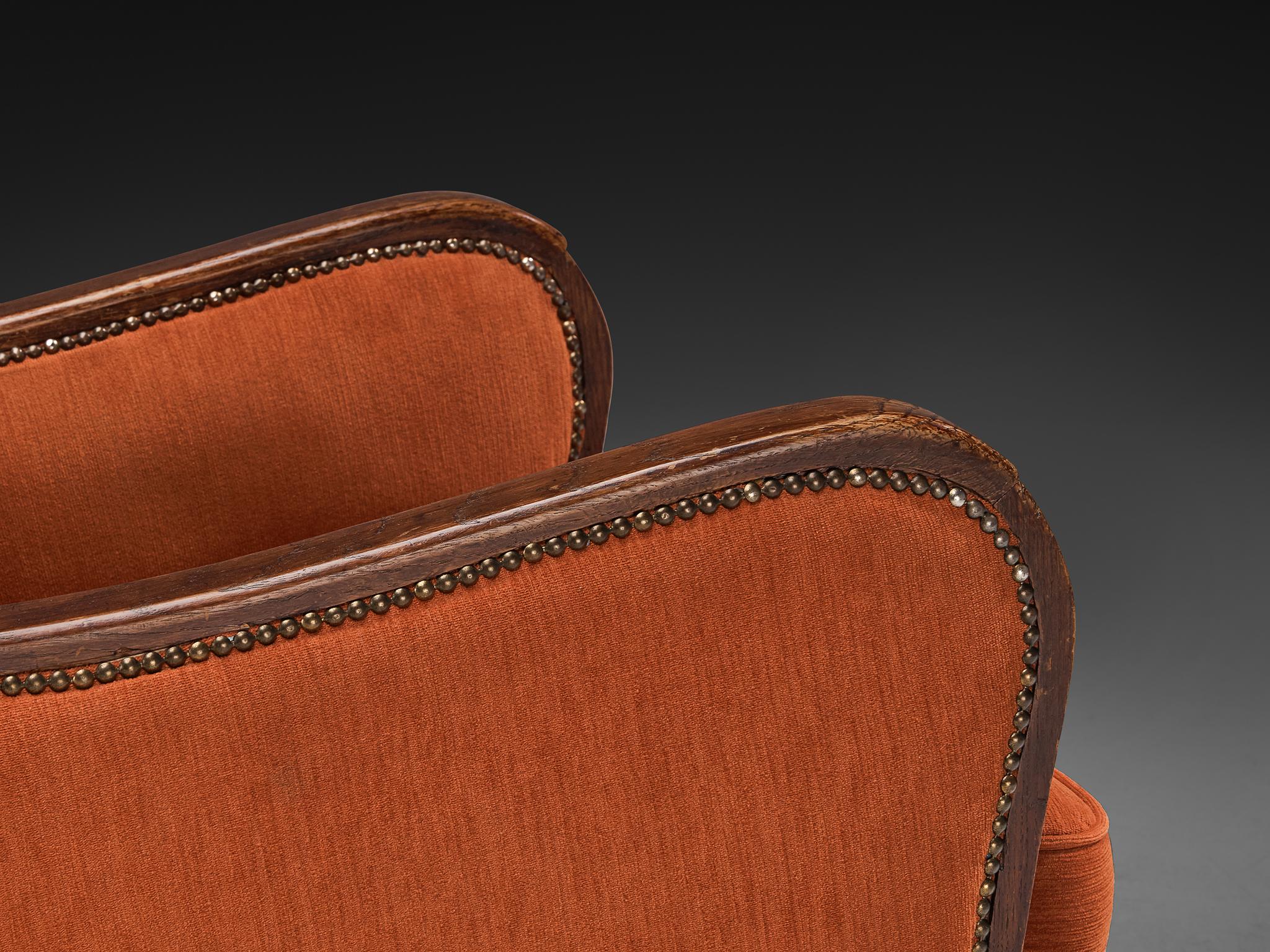 Pair of Art Deco Lounge Chairs in Burnt Orange Colored Fabric For Sale 4